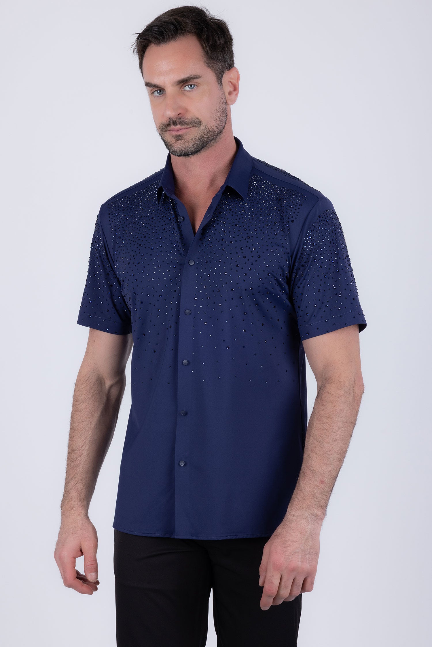Barabas Men's Rhinestones Button Down Short Sleeve Shirts 4SST06 Navy