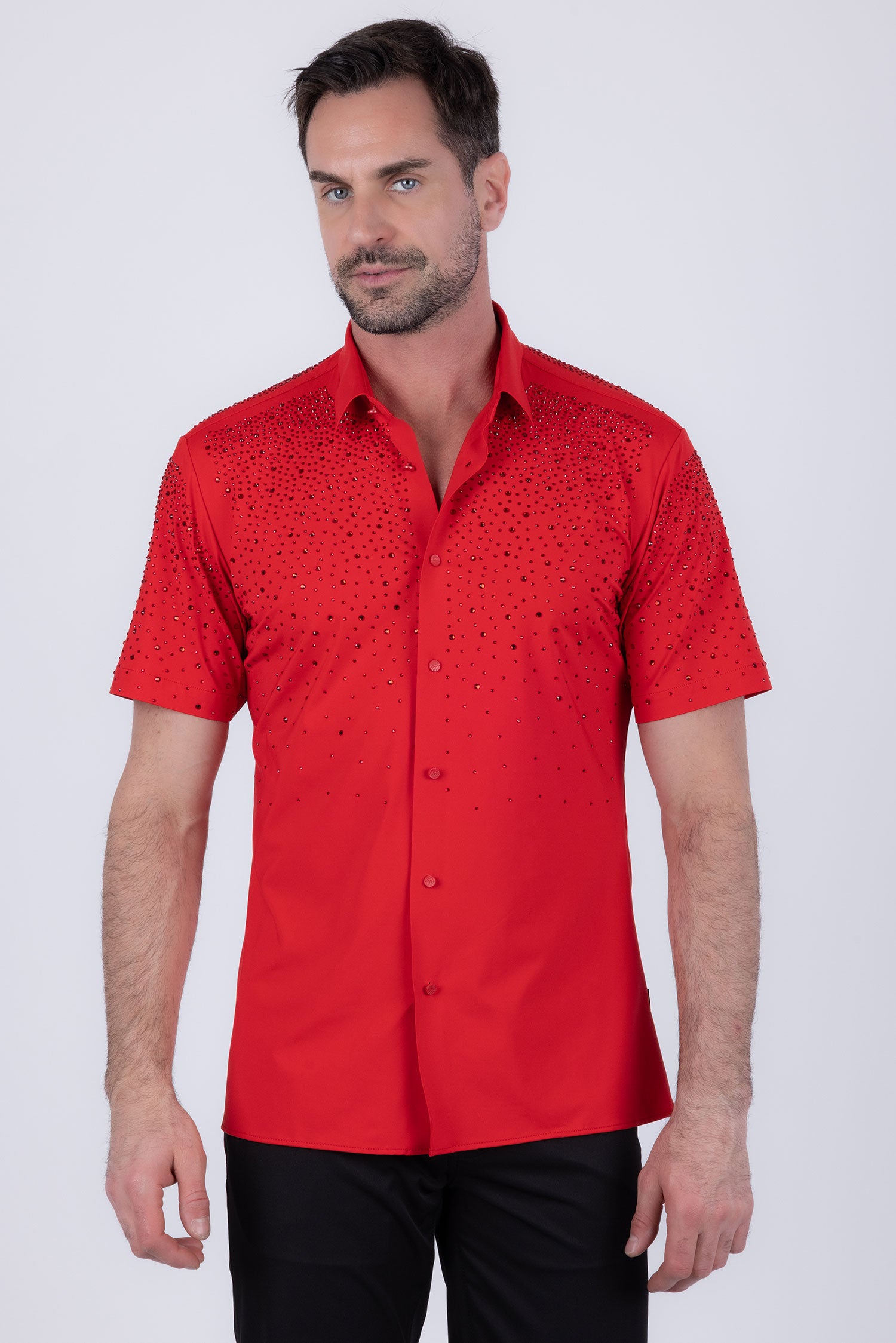 Barabas Men's Rhinestones Button Down Short Sleeve Shirts 4SST06 Red