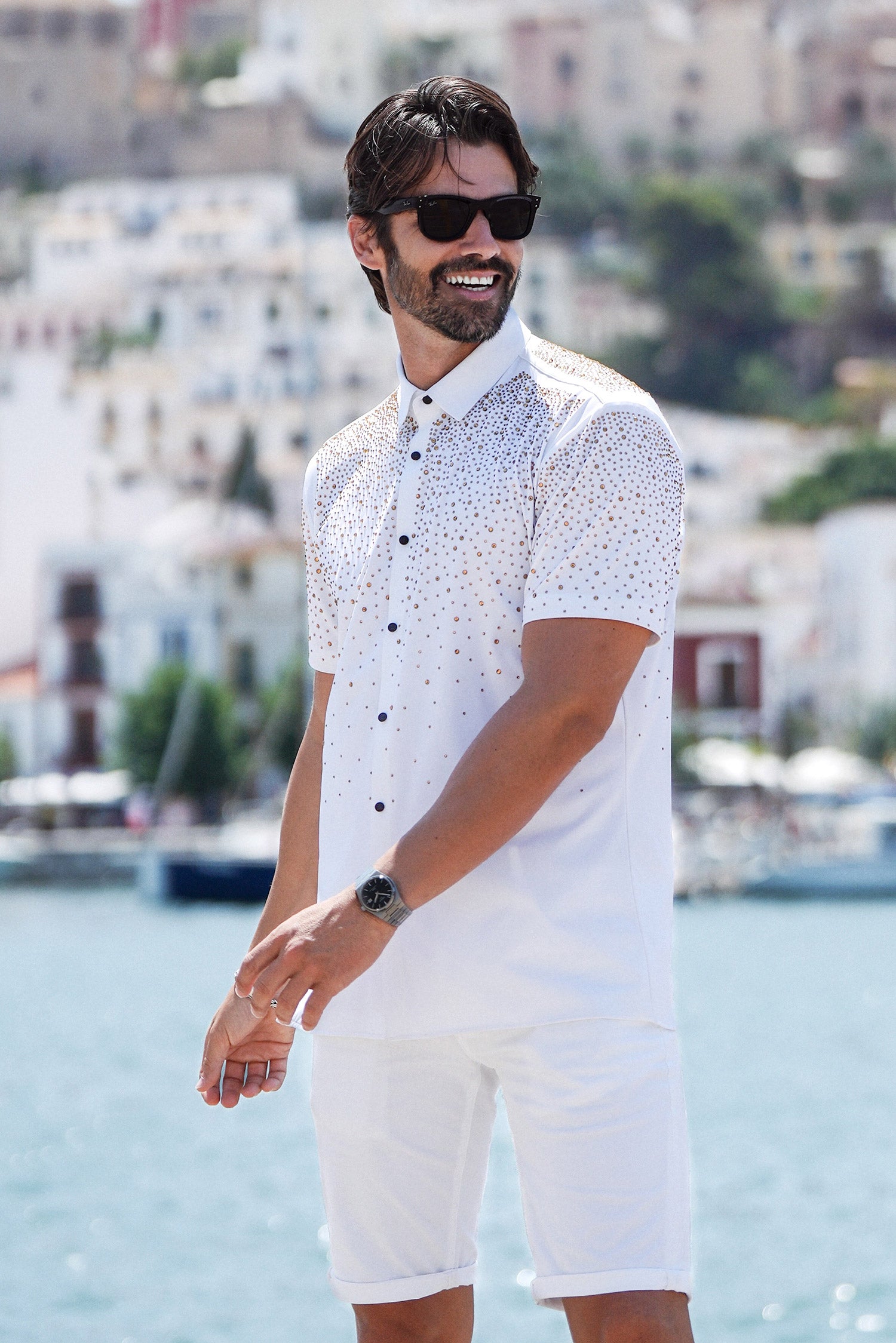 BARABAS Men's Rhinestones Button Down Short Sleeve Shirts 4SST06 White Gold