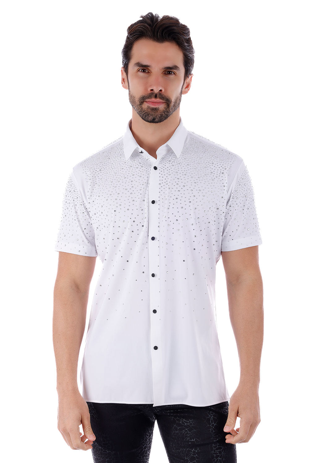 BARABAS Men's Rhinestones Button Down Short Sleeve Shirts 4SST06 White Silver