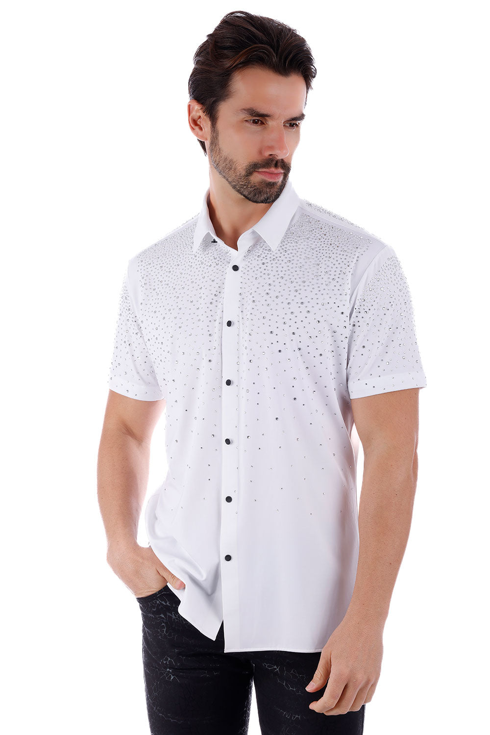 BARABAS Men's Rhinestones Button Down Short Sleeve Shirts 4SST06 White Silver