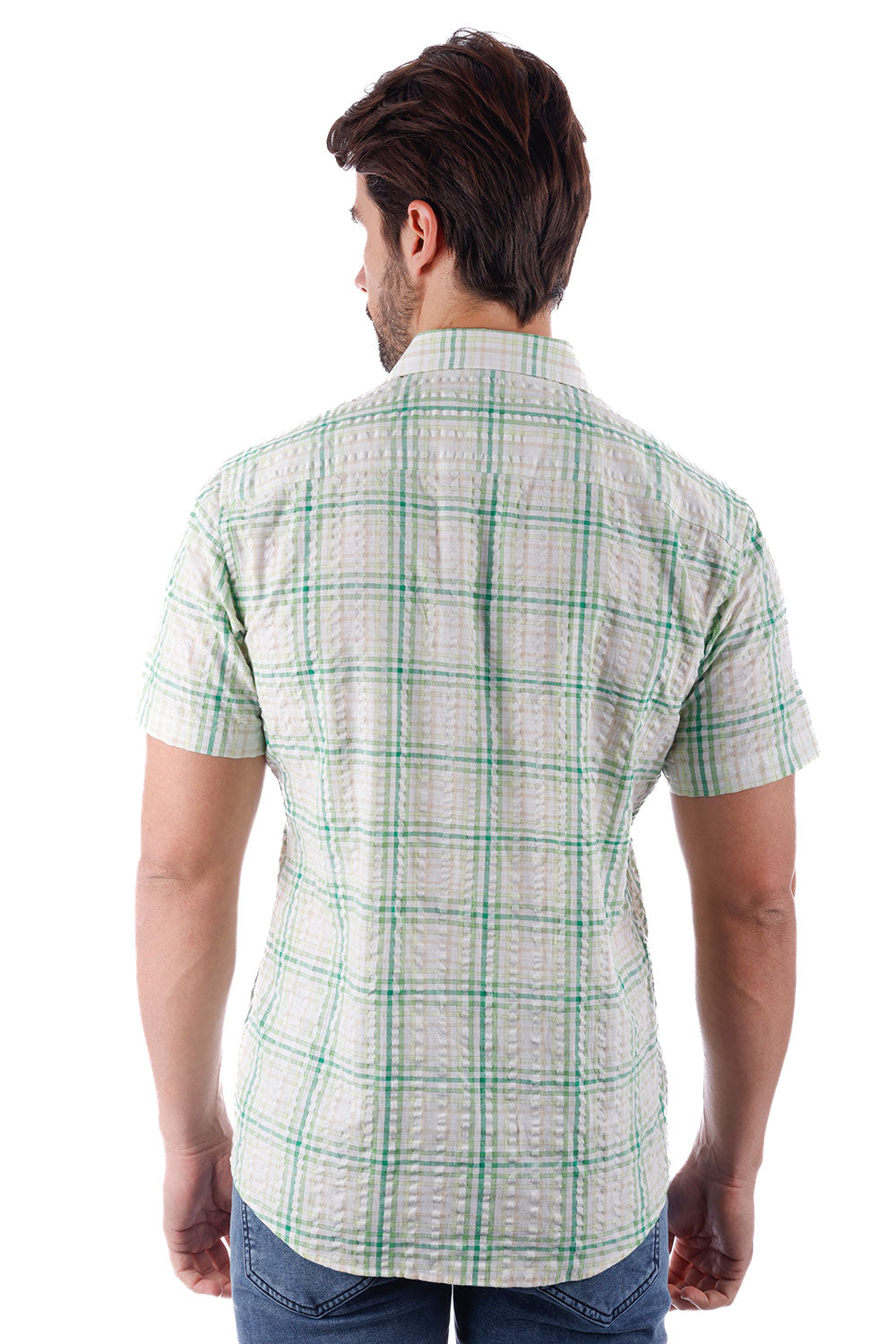 BARABAS Men's Striped Checkered Short Sleeve Shirts 4SST09 Green White