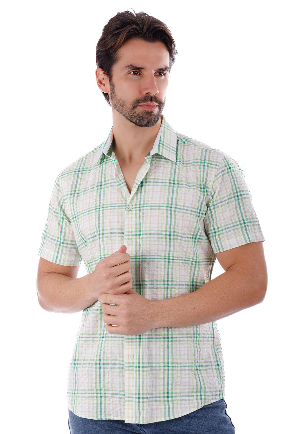 BARABAS Men's Striped Checkered Short Sleeve Shirts 4SST09 Green White