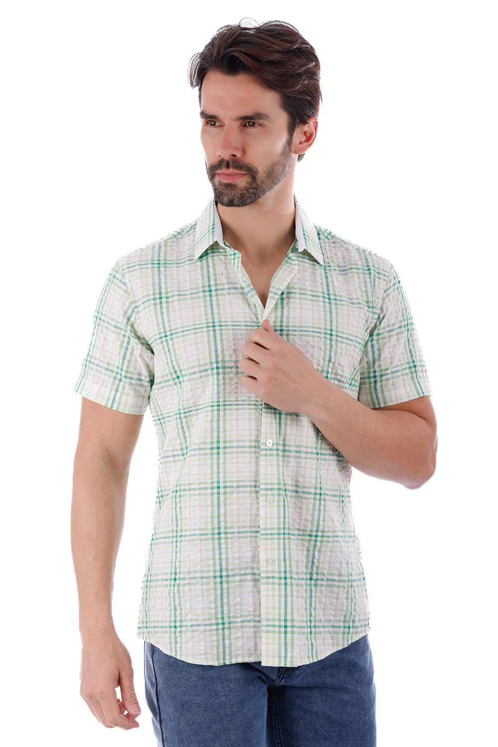 BARABAS Men's Striped Checkered Short Sleeve Shirts 4SST09 Green White