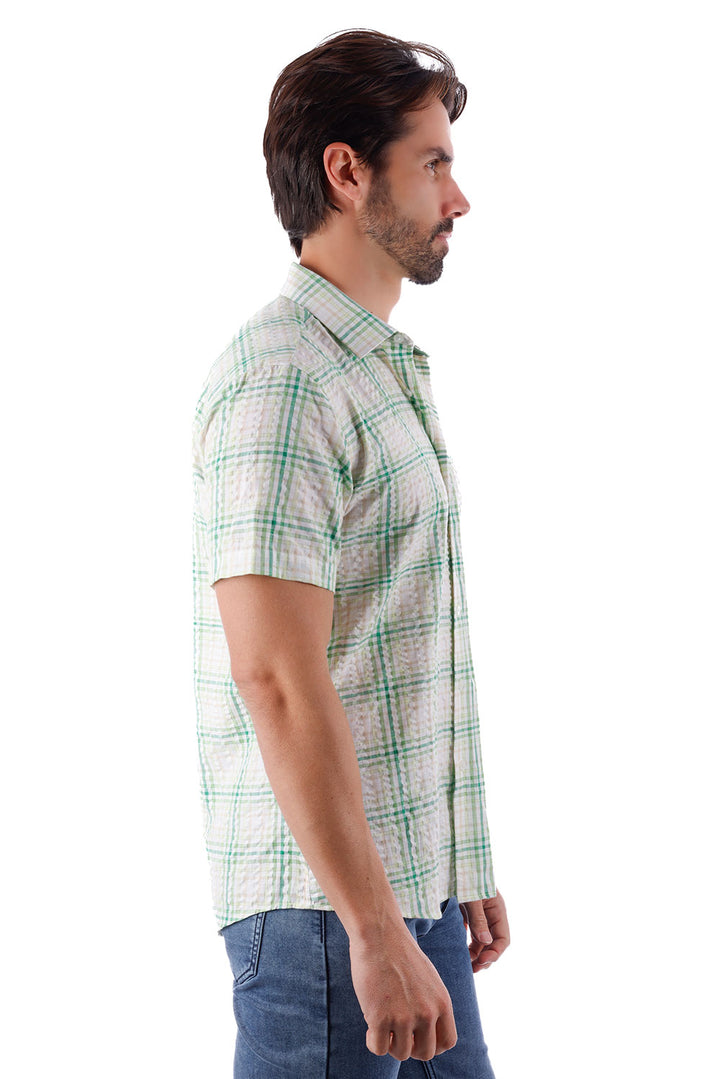 BARABAS Men's Striped Checkered Short Sleeve Shirts 4SST09 Green White