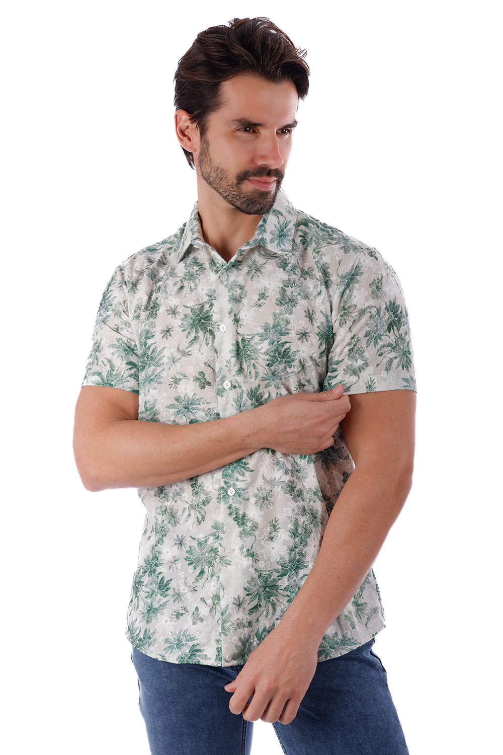 BARABAS Men's Floral Button Down Short Sleeve Shirts 4SST11 Green