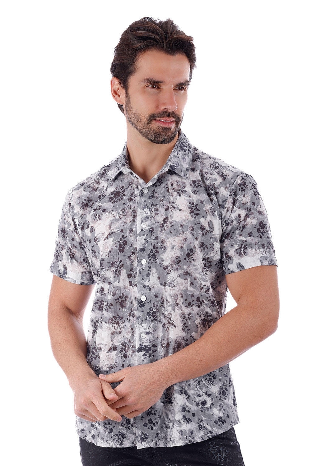 BARABAS Men's Floral Rose Button Down Short Sleeve Shirts 4SST12 Grey