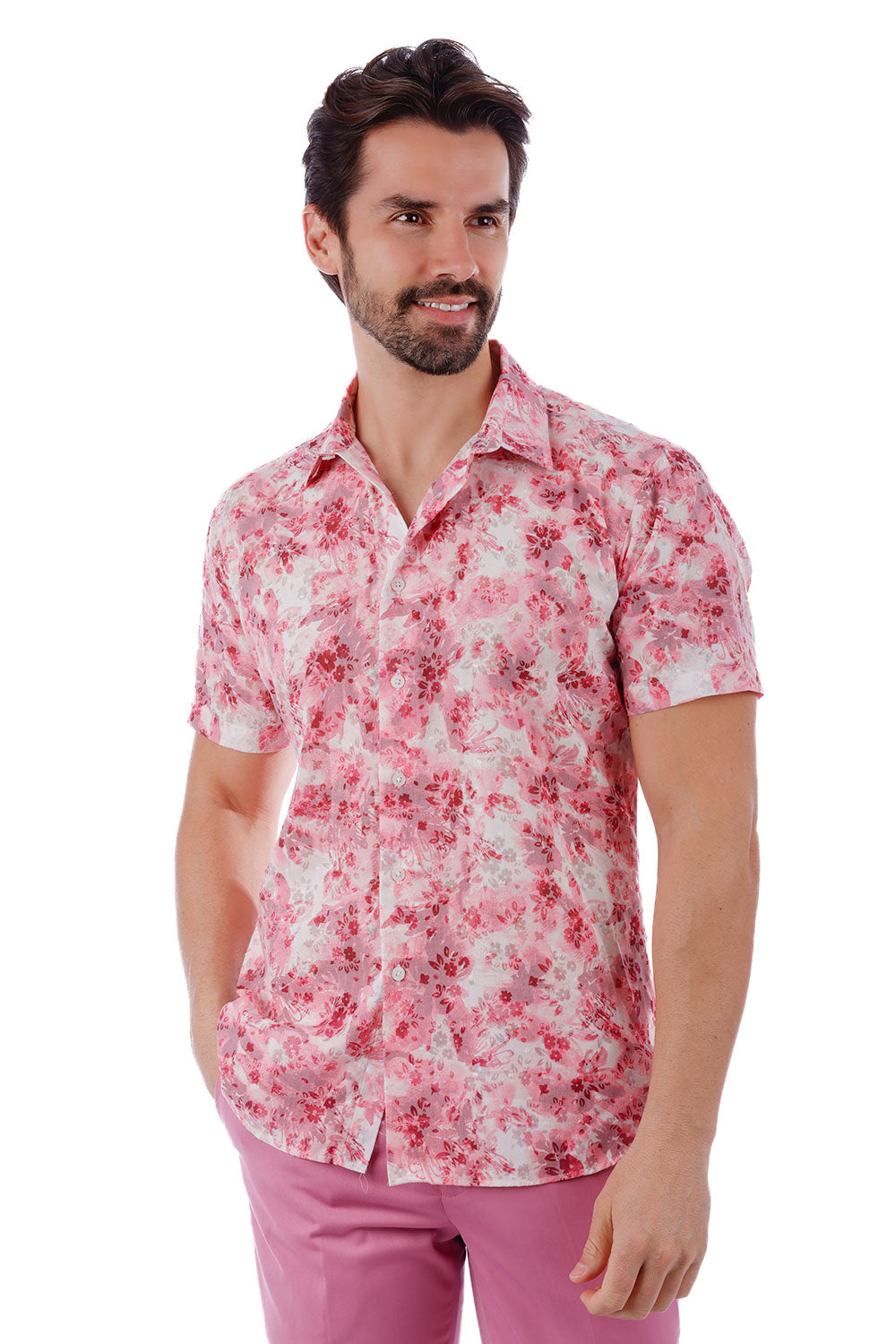 BARABAS Men's Floral Rose Button Down Short Sleeve Shirts 4SST12 Pink