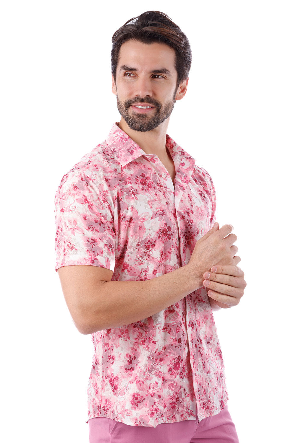 BARABAS Men's Floral Rose Button Down Short Sleeve Shirts 4SST12 Pink