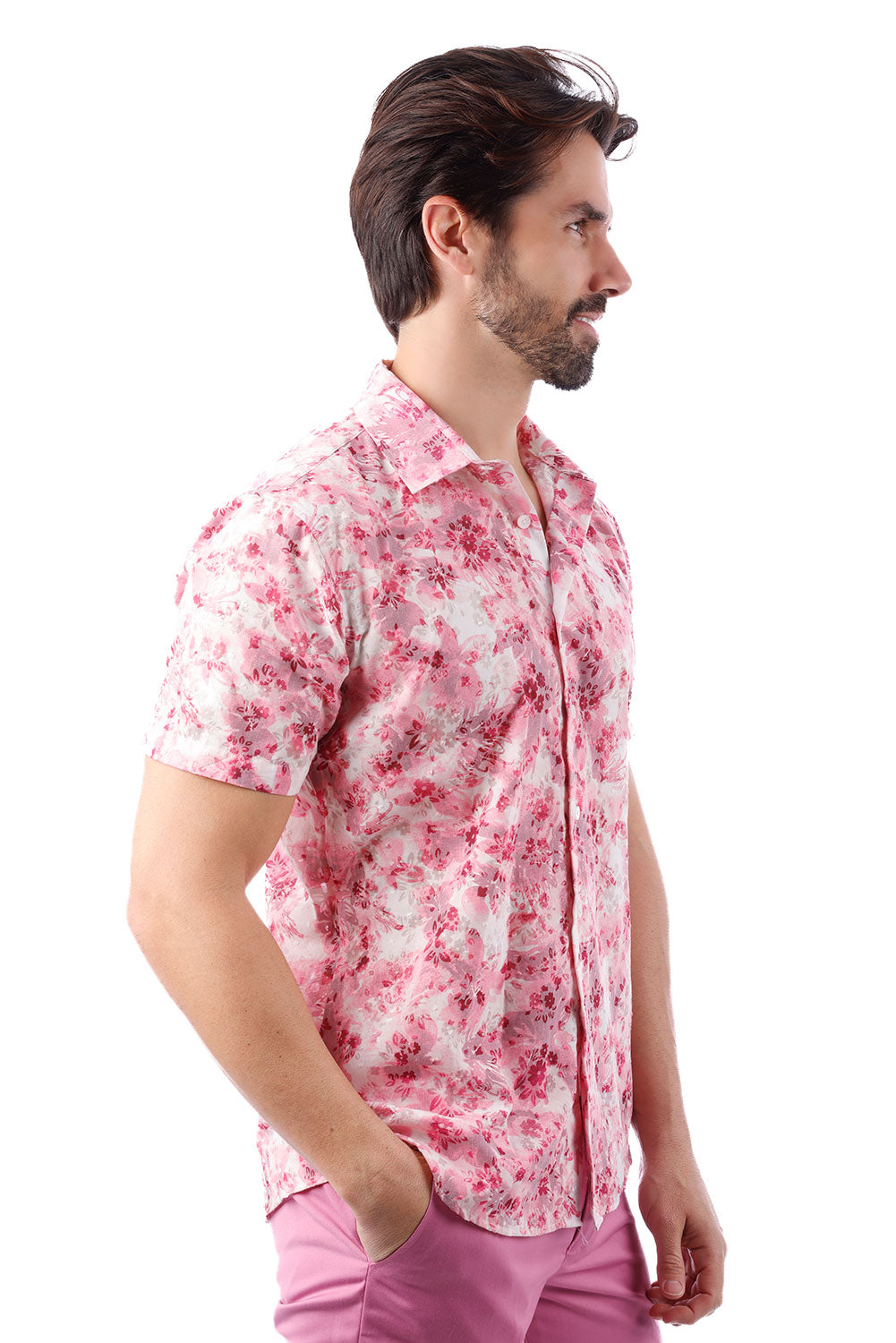 BARABAS Men's Floral Rose Button Down Short Sleeve Shirts 4SST12 Pink