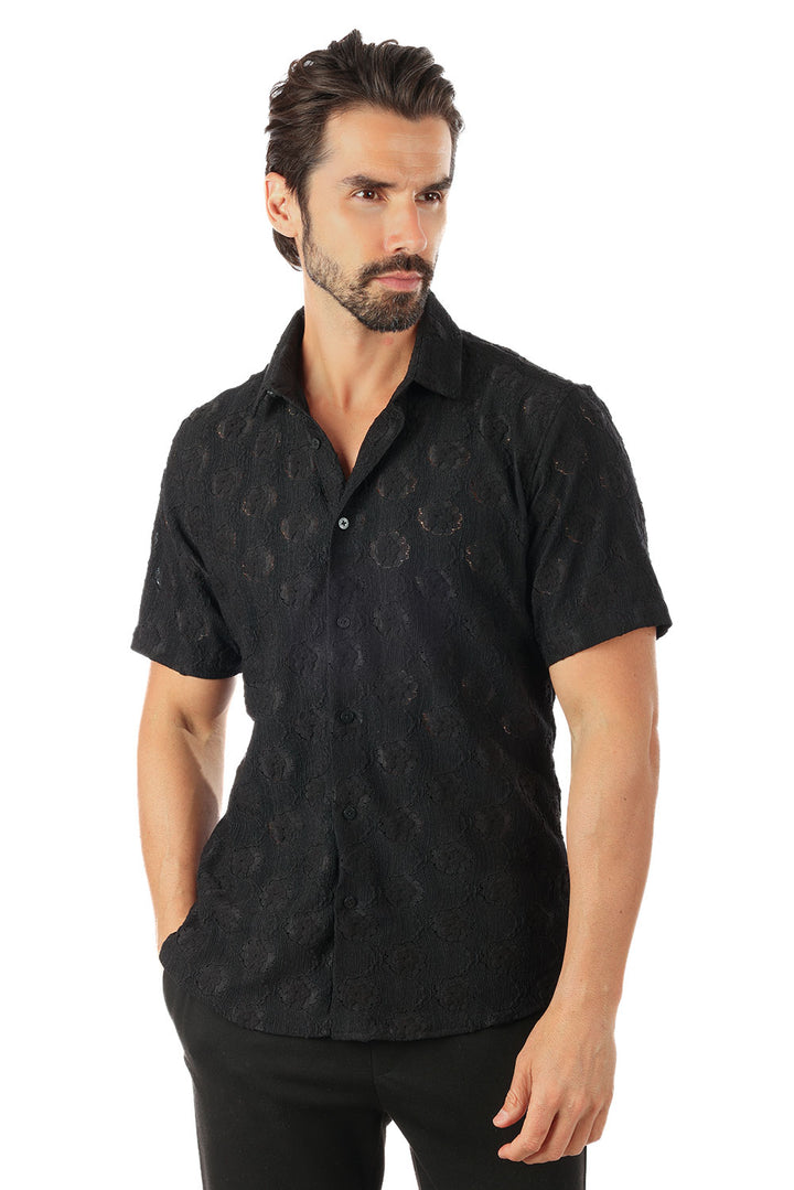 BARABAS Men's Floral Rose Button Down Short Sleeve Shirts 4SST13 Black