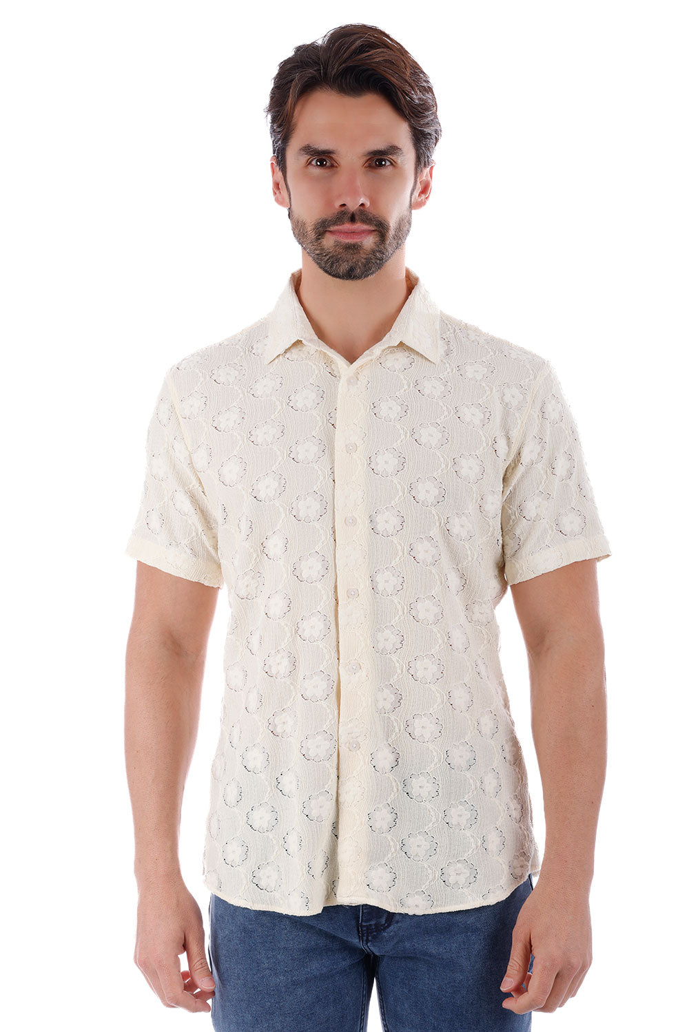 BARABAS Men's Floral Rose Button Down Short Sleeve Shirts 4SST13 Cream