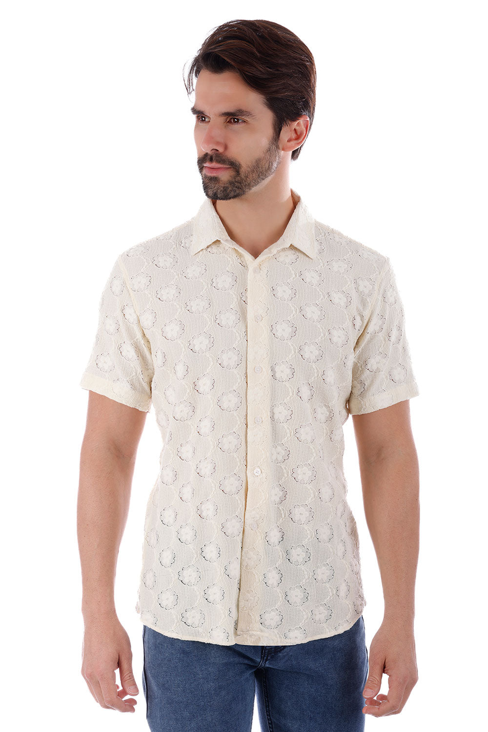 BARABAS Men's Floral Rose Button Down Short Sleeve Shirts 4SST13 Cream