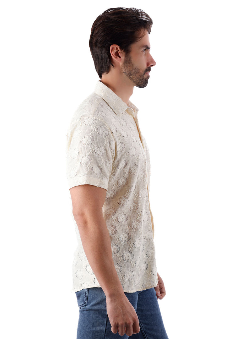 BARABAS Men's Floral Rose Button Down Short Sleeve Shirts 4SST13 Cream