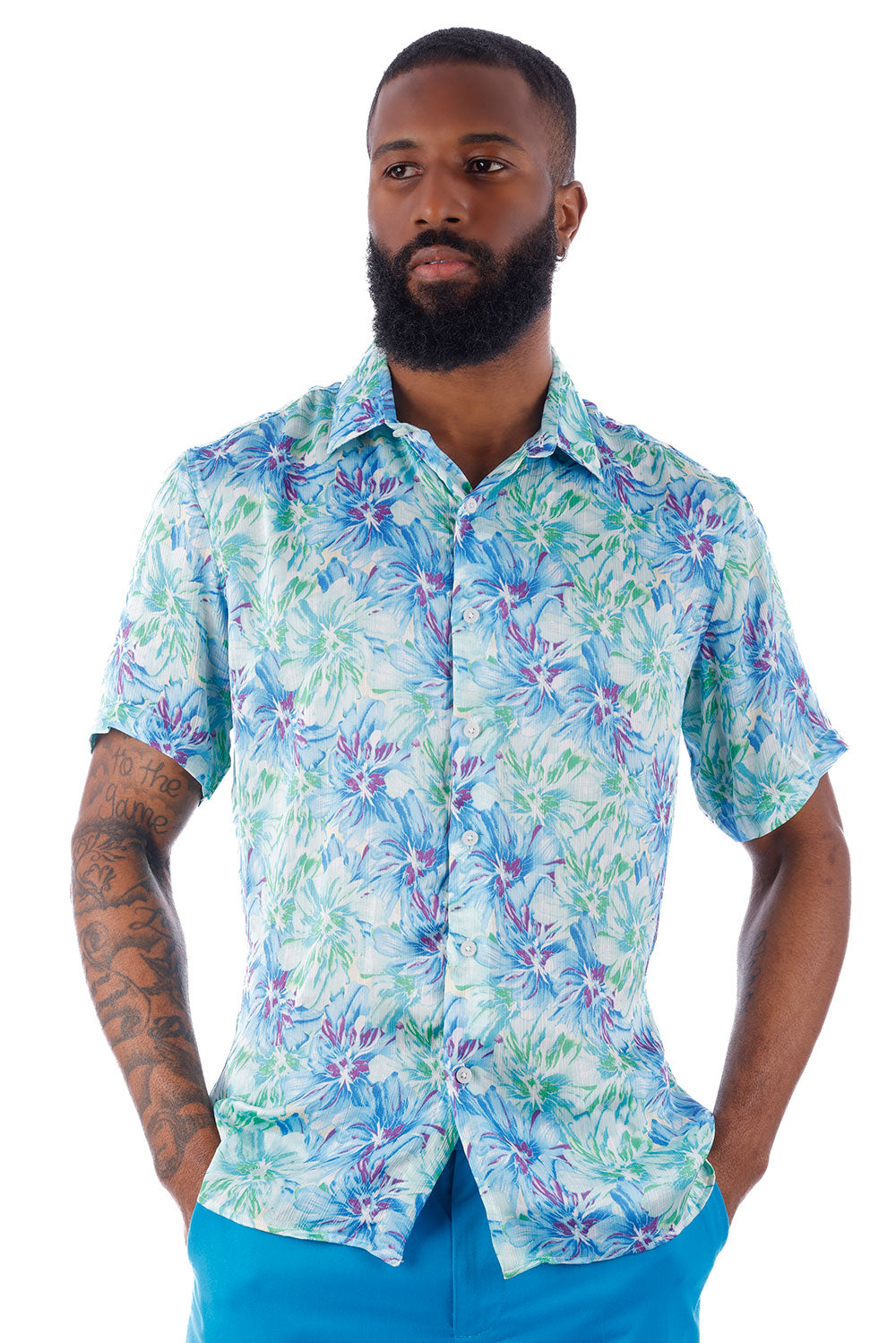 BARABAS Men's Floral Button Down Short Sleeve Shirts 4SST16 Blue