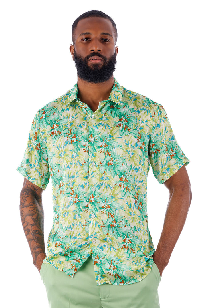 BARABAS Men's Floral Button Down Short Sleeve Shirts 4SST16 Green