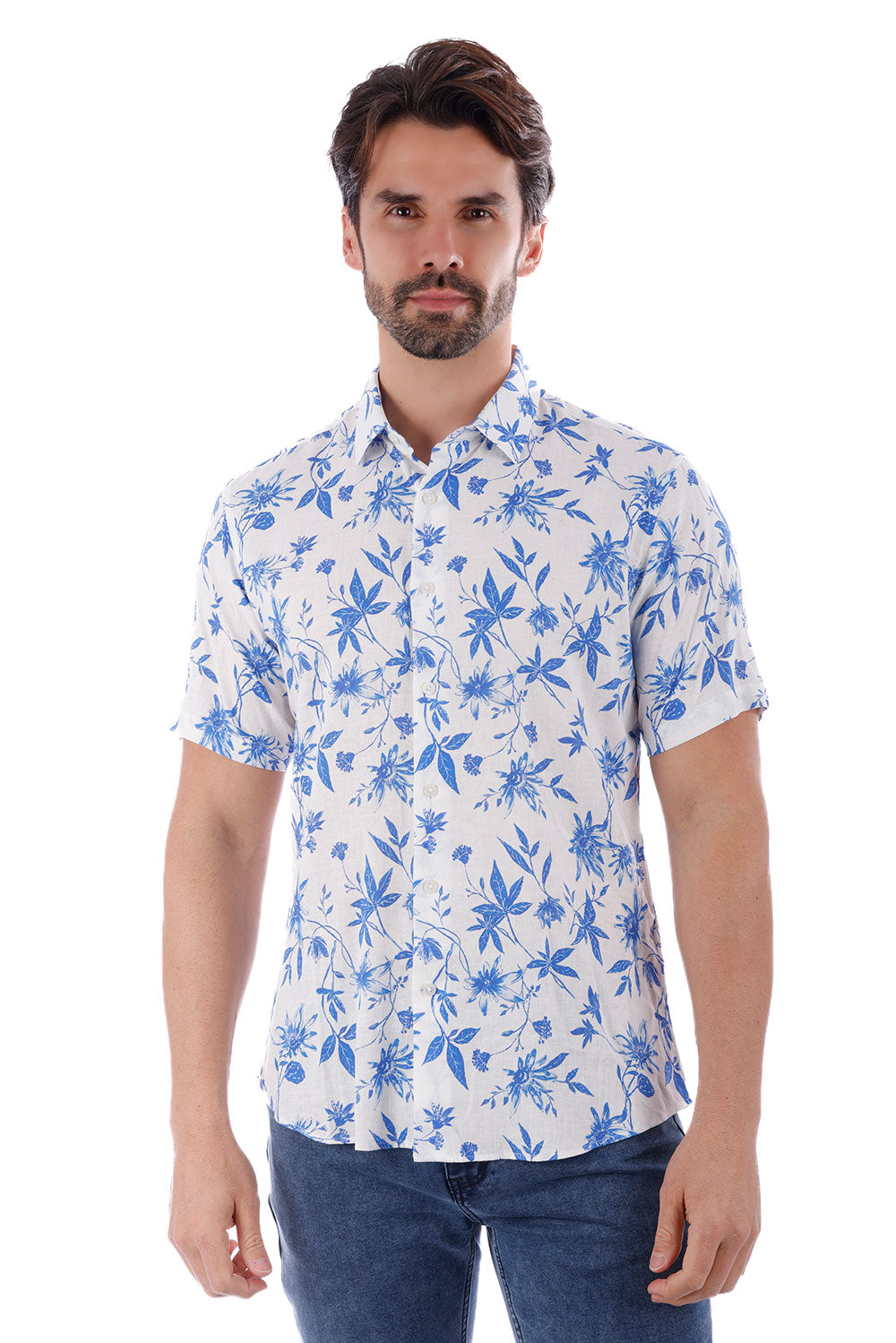 BARABAS Men's Floral Linen Button Down Short Sleeve Shirts 4SST17 White Blue