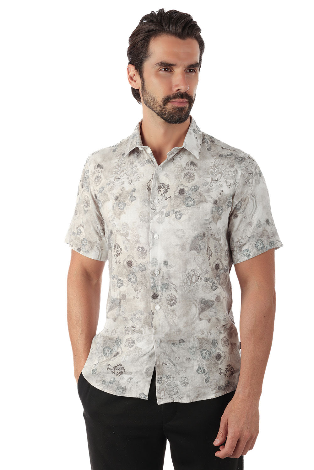 BARABAS Men's Floral Abstract Button Down Short Sleeve Shirts 4SST18 Grey
