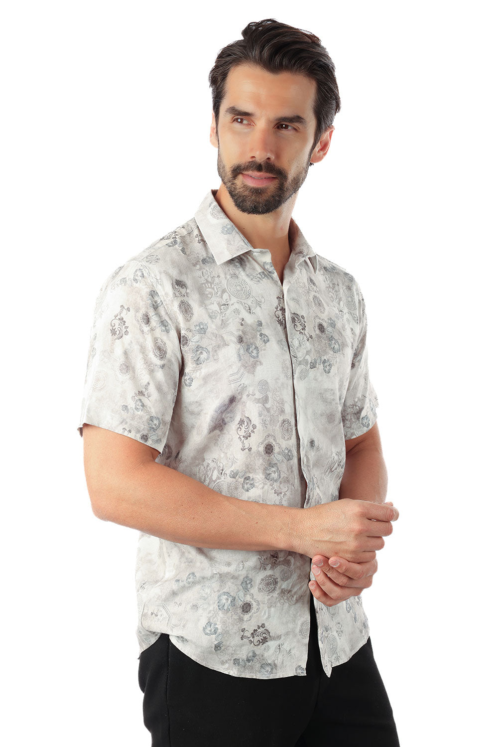 BARABAS Men's Floral Abstract Button Down Short Sleeve Shirts 4SST18 Grey