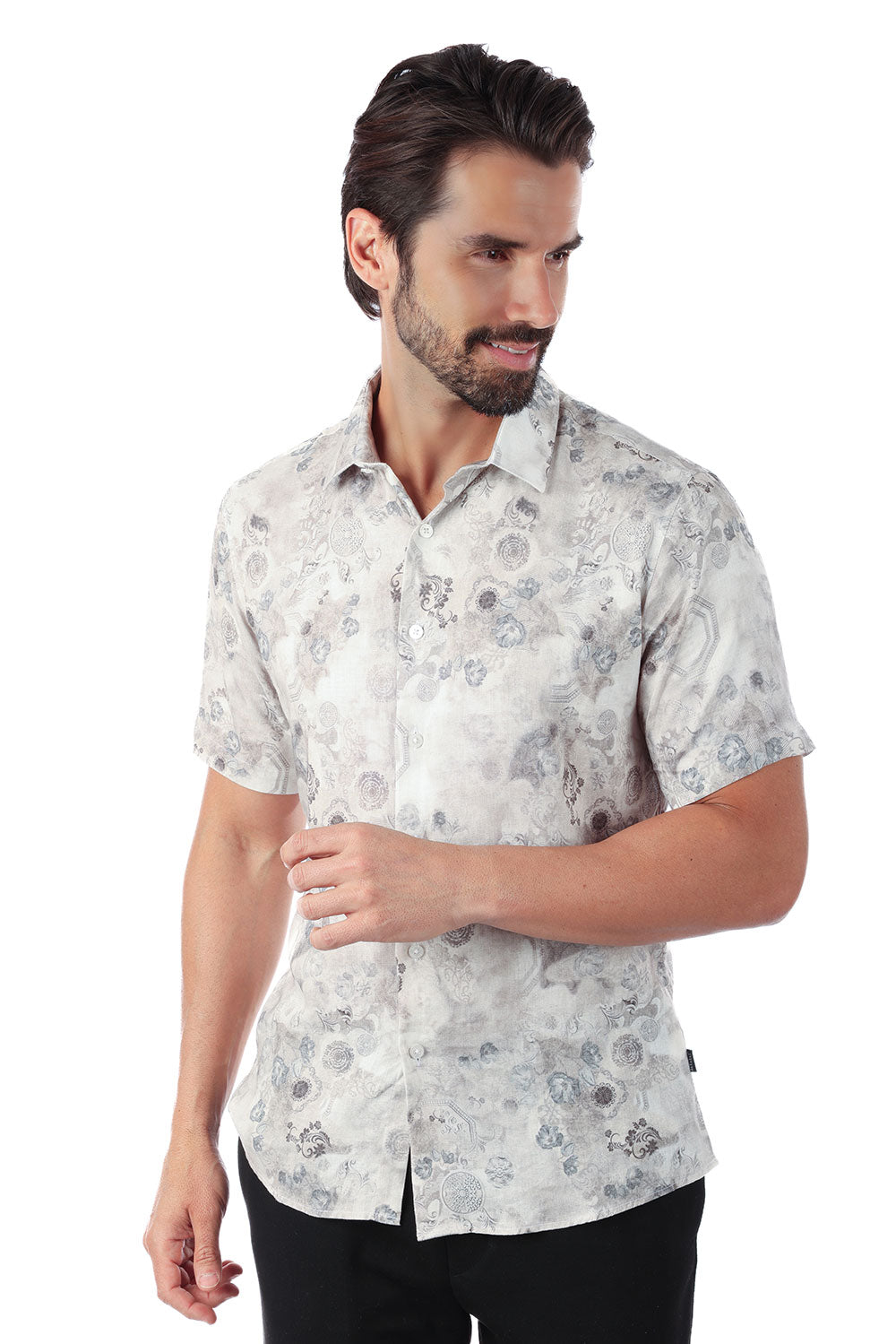 BARABAS Men's Floral Abstract Button Down Short Sleeve Shirts 4SST18 Grey