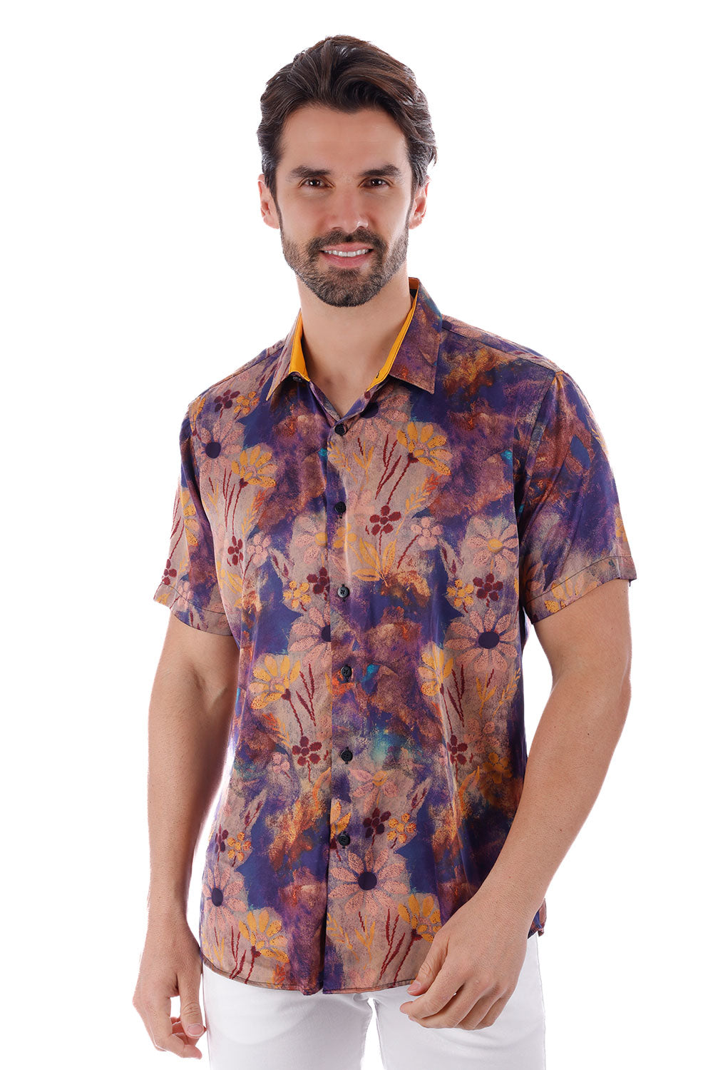 BARABAS Men's Colorful Floral Button Down Short Sleeve Shirts 4sst21 Purple