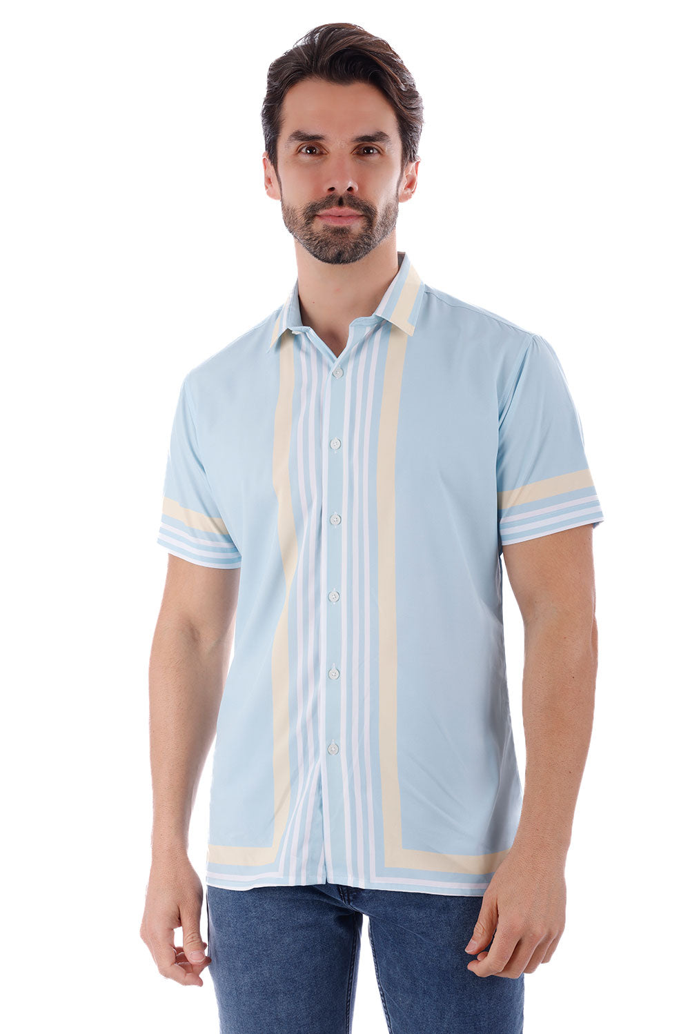 BARABAS Men's Striped Summer Button Down Short Sleeve Shirts 4sst26 Light Blue