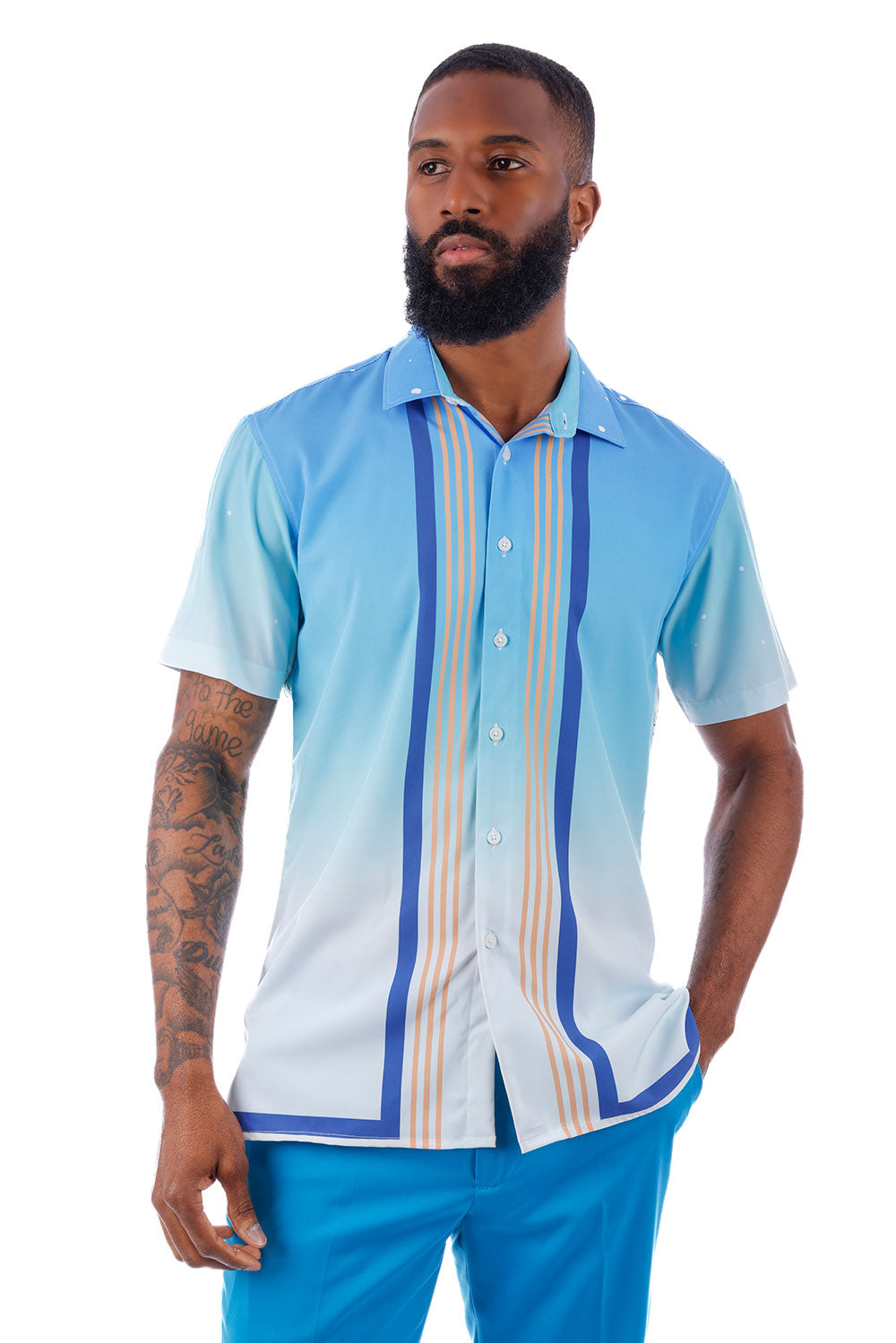 BARABAS Men's Striped Dominican Button Down Short Sleeve Shirts 4sst29 Blue