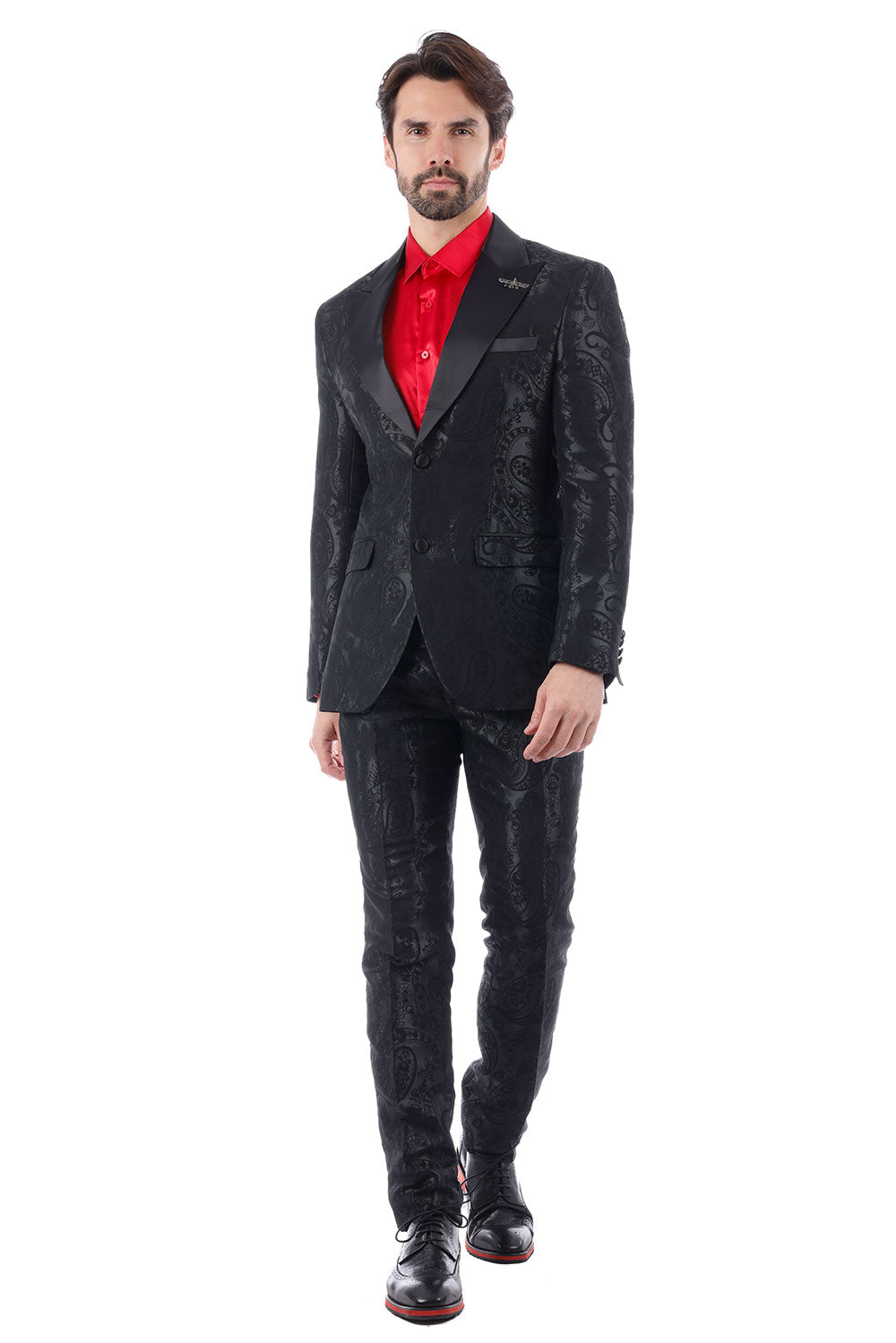 BARABAS Men's Paisley Pattern Peak Lapel Formal Suit 4SU08 Black