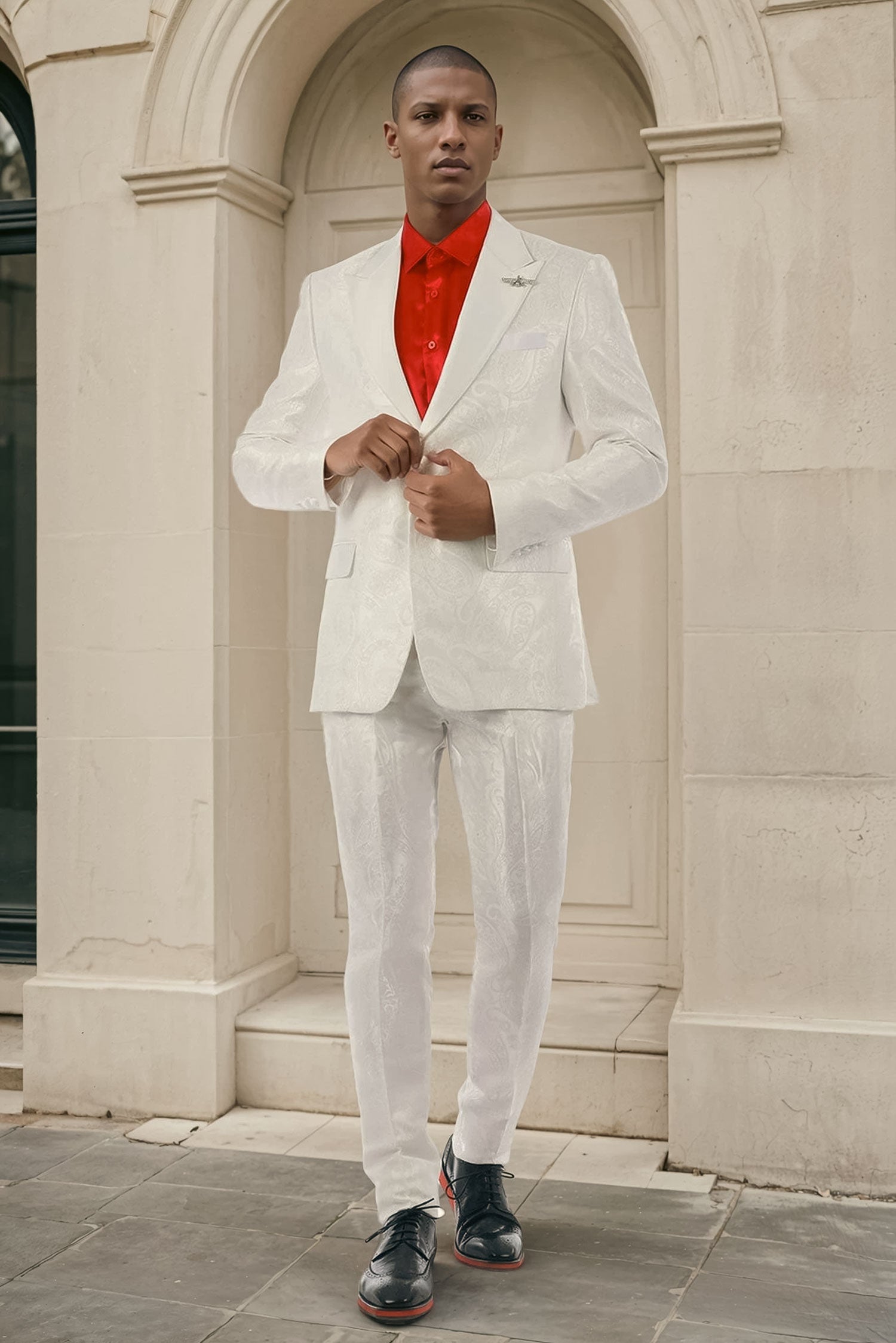 BARABAS Men's Paisley Pattern Peak Lapel Formal Suit 4SU08 White