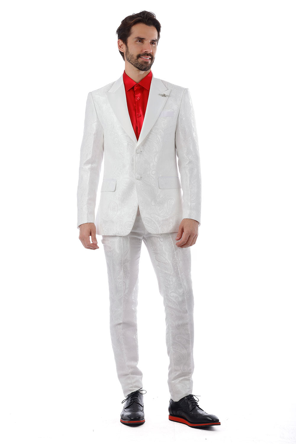 BARABAS Men's Paisley Pattern Peak Lapel Formal Suit 4SU08 White