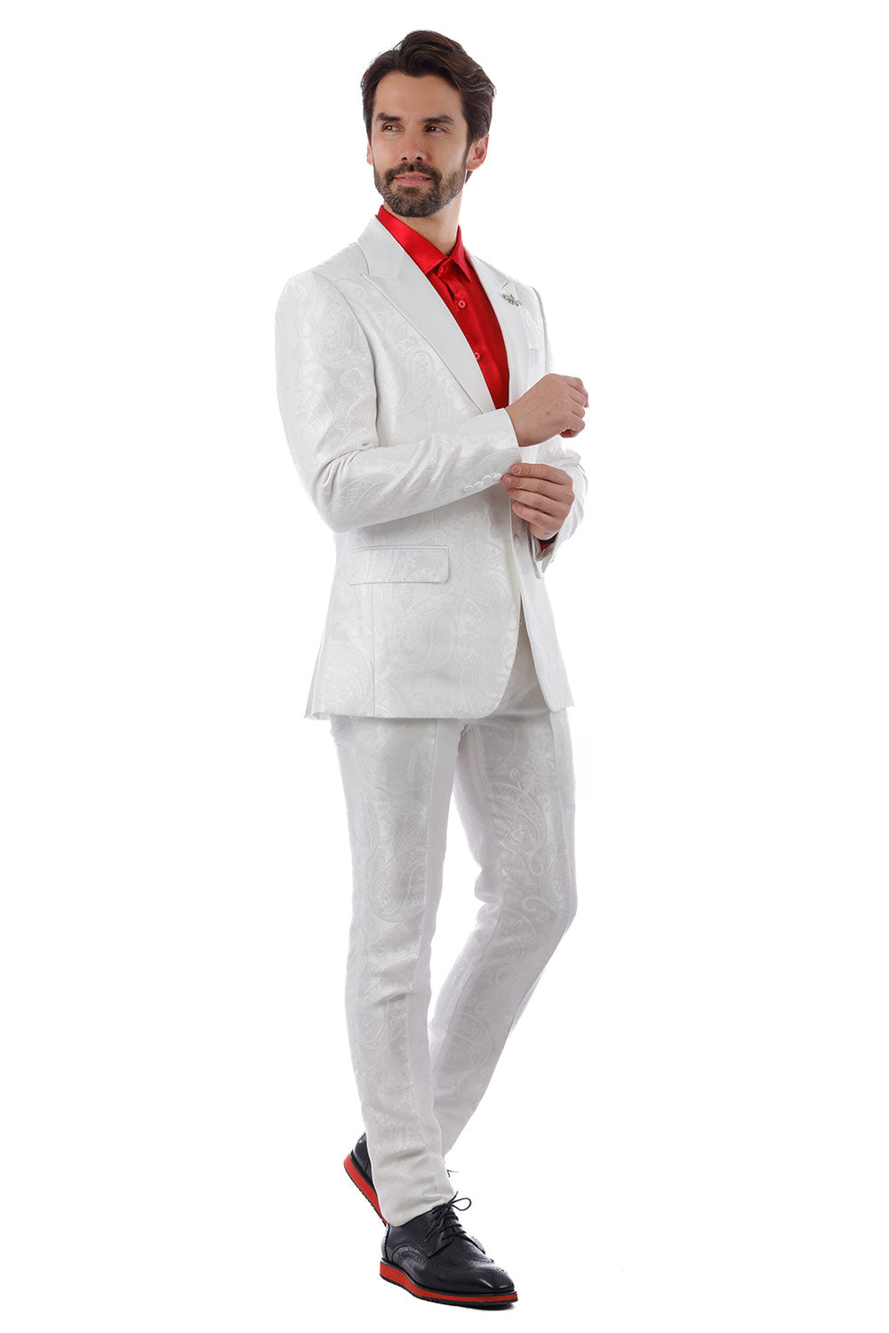 BARABAS Men's Paisley Pattern Peak Lapel Formal Suit 4SU08 White
