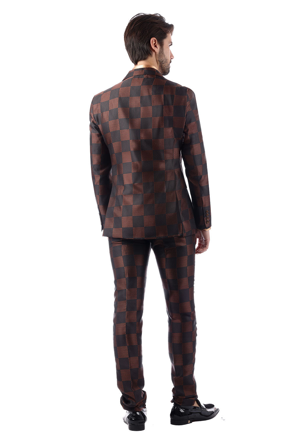 BARABAS Men's Checkered Pattern Peak Lapel Suit 4SU09 Coffee Black