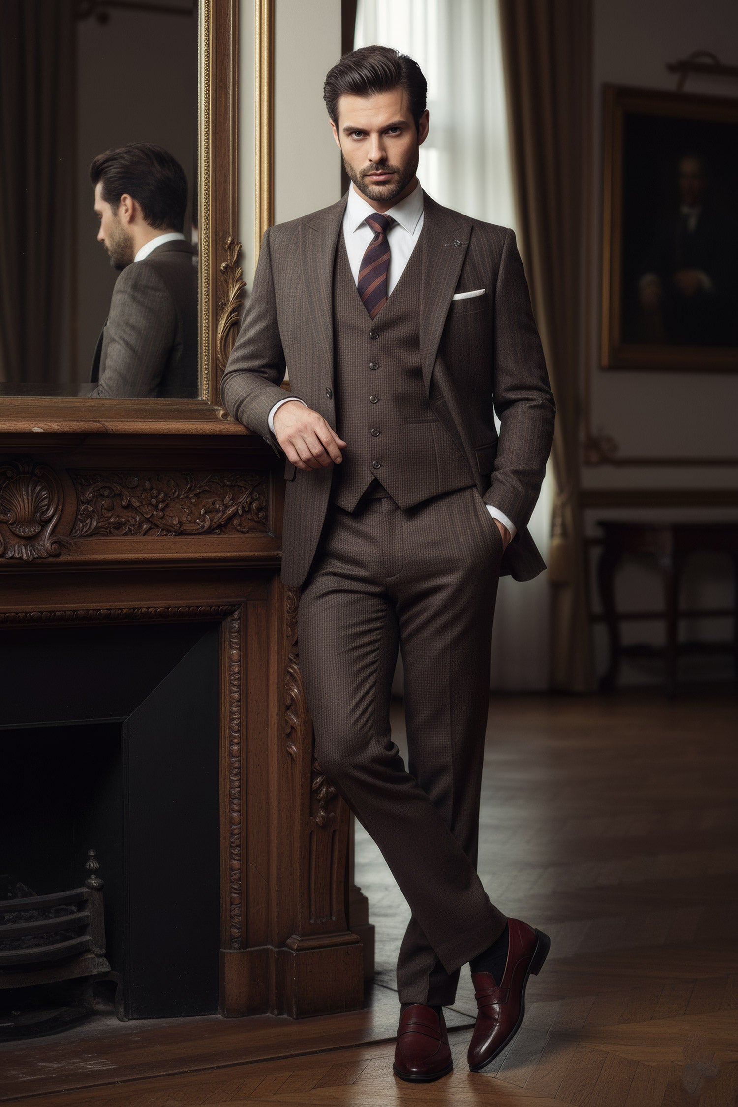 BARABAS Men's Geometric Pattern Linen  Peak Lapel Vest Suit 4SU10 Brown
