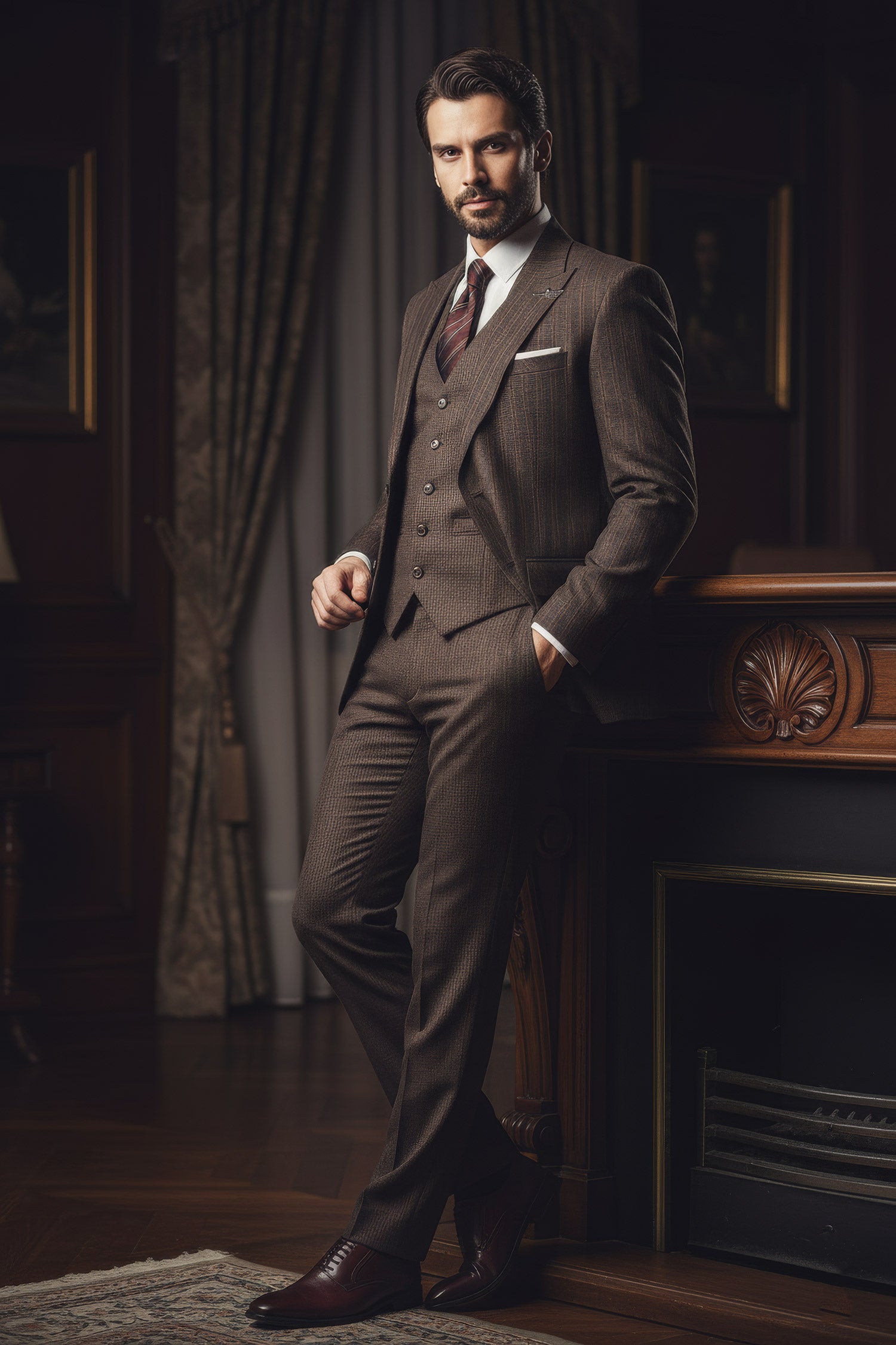 BARABAS Men's Geometric Pattern Linen  Peak Lapel Vest Suit 4SU10 Brown