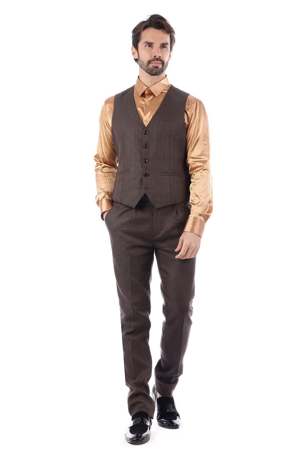 BARABAS Men's Geometric Pattern Linen  Peak Lapel Vest Suit 4SU10 Brown