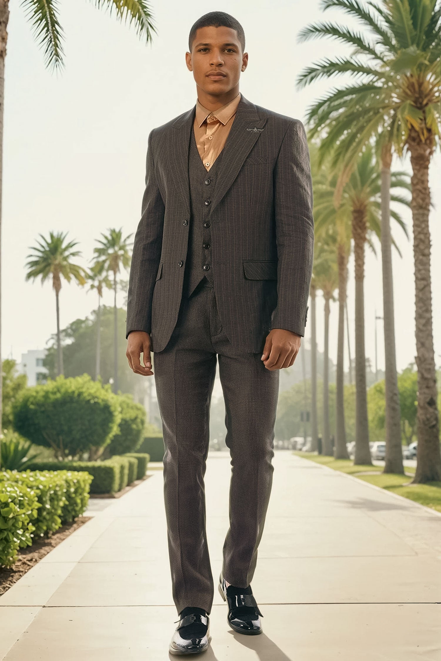 BARABAS Men's Geometric Pattern Linen Peak Lapel Vest Suit 4SU10 Black