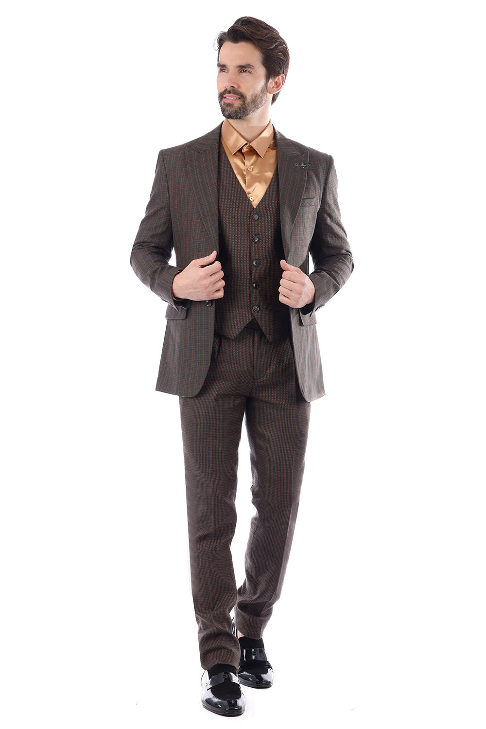 BARABAS Men's Geometric Pattern Linen Peak Lapel Vest Suit 4SU10 Black