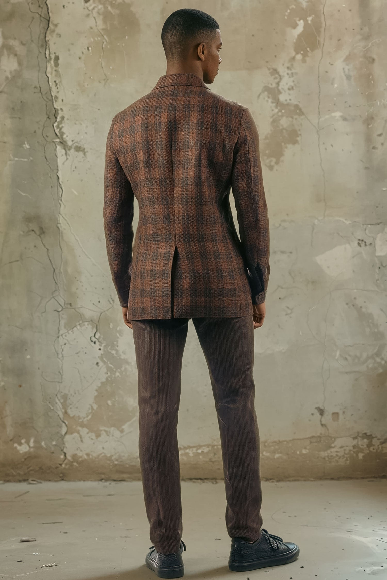BARABAS Men's Plaid Polo Collar Linen Pant and Suit Set 4SU11 Coffee