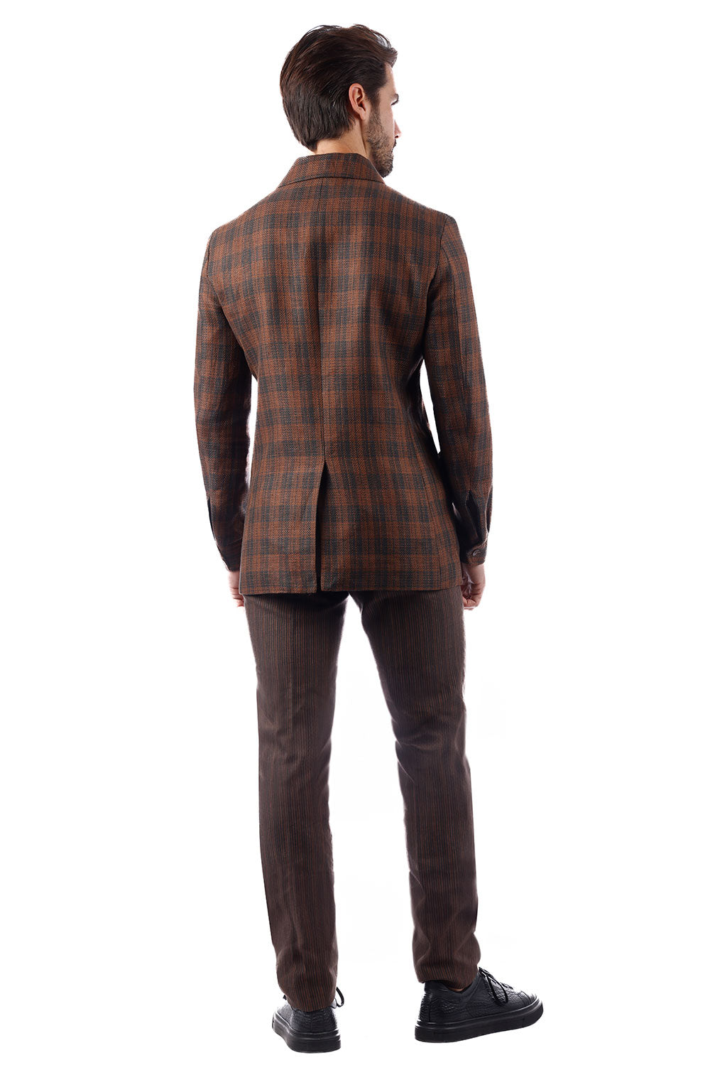 BARABAS Men's Plaid Polo Collar Linen Pant and Suit Set 4SU11 Brown