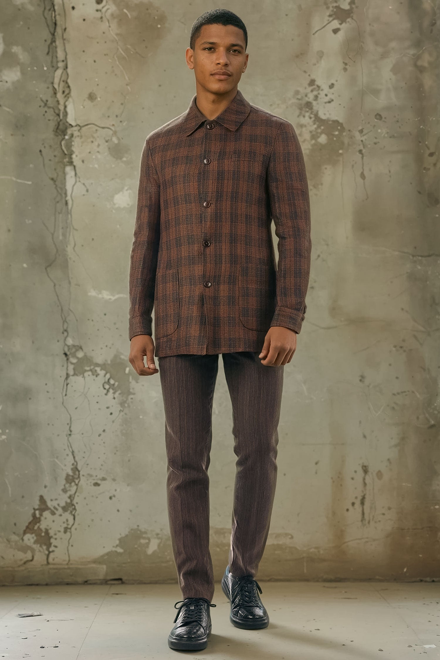 BARABAS Men's Plaid Polo Collar Linen Pant and Suit Set 4SU11 Coffee