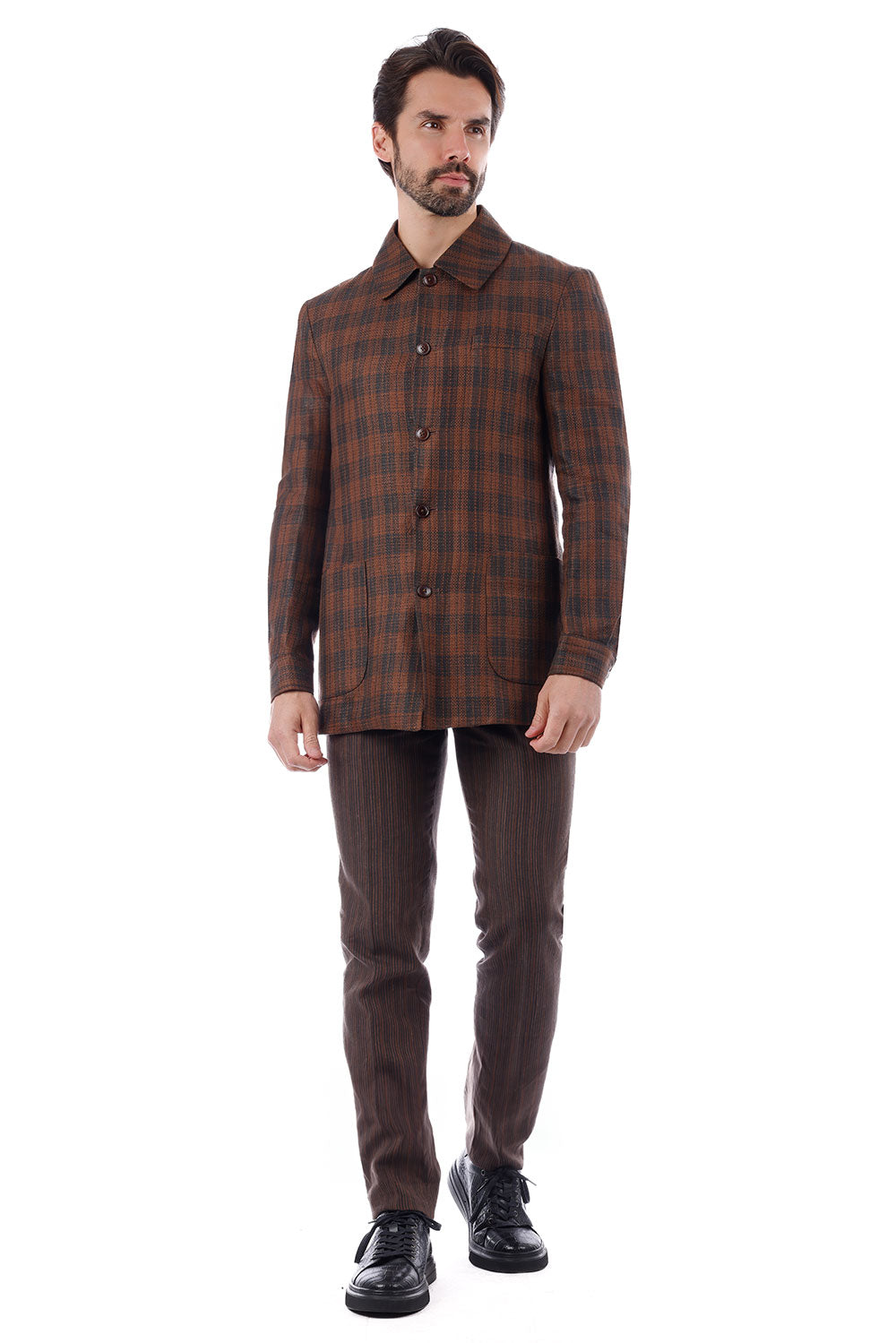 BARABAS Men's Plaid Polo Collar Linen Pant and Suit Set 4SU11 Brown