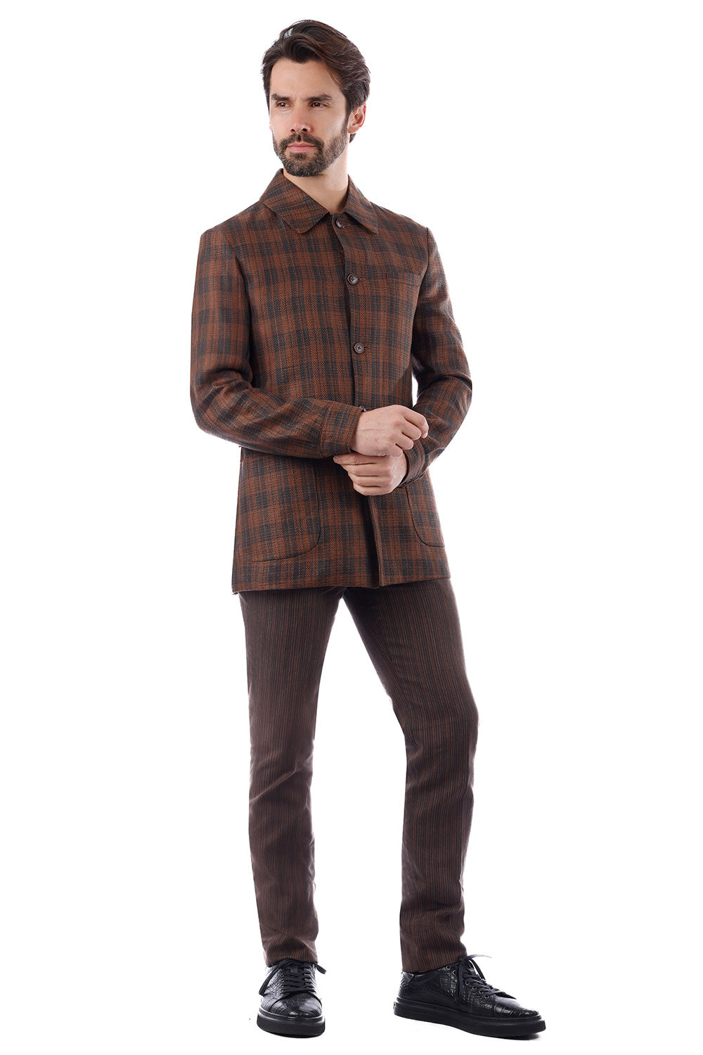 BARABAS Men's Plaid Polo Collar Linen Pant and Suit Set 4SU11 Coffee