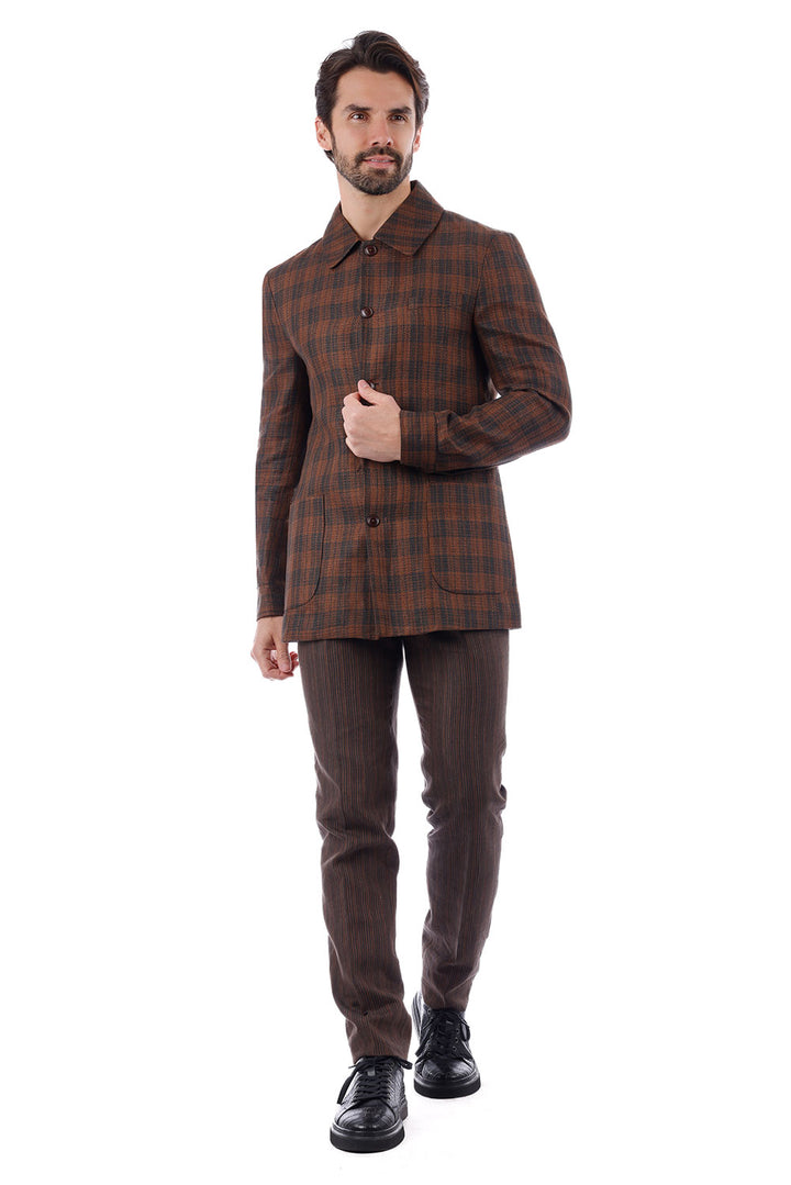BARABAS Men's Plaid Polo Collar Linen Pant and Suit Set 4SU11 Coffee