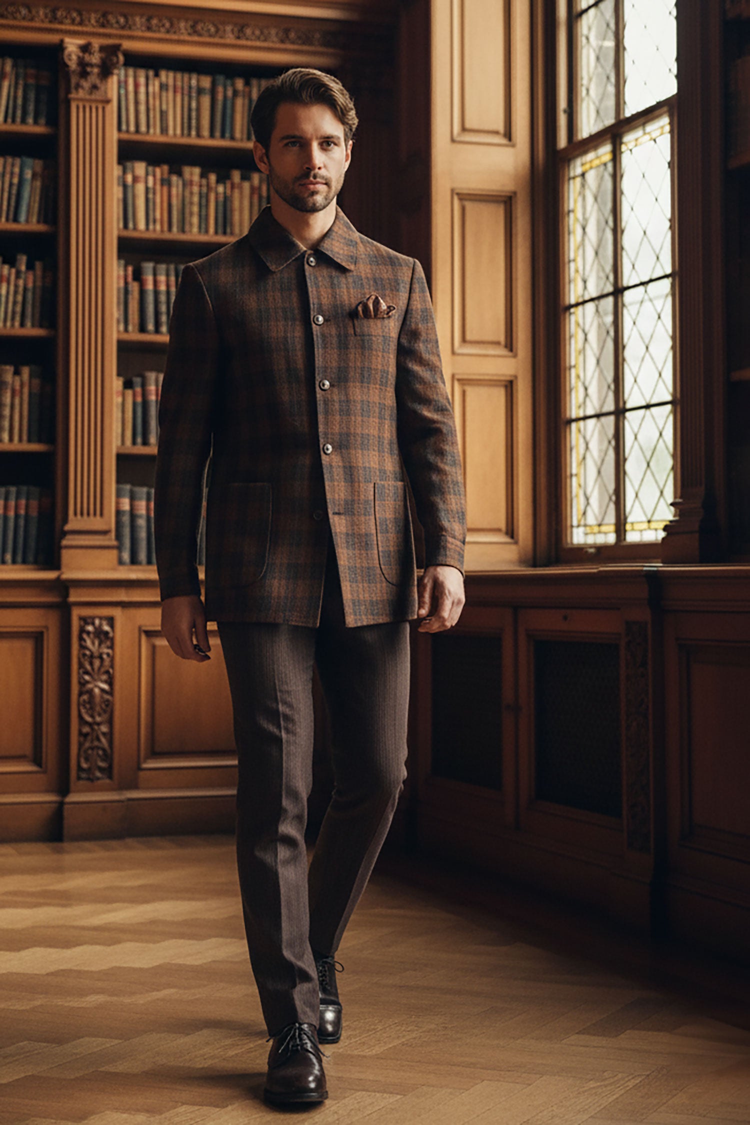BARABAS Men's Plaid Polo Collar Linen Pant and Suit Set 4SU11 Coffee