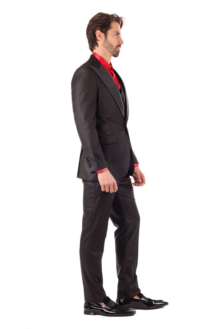 Barabas Men's Solid Color Peak Satin Lapel Suit Set 4SU13 Black
