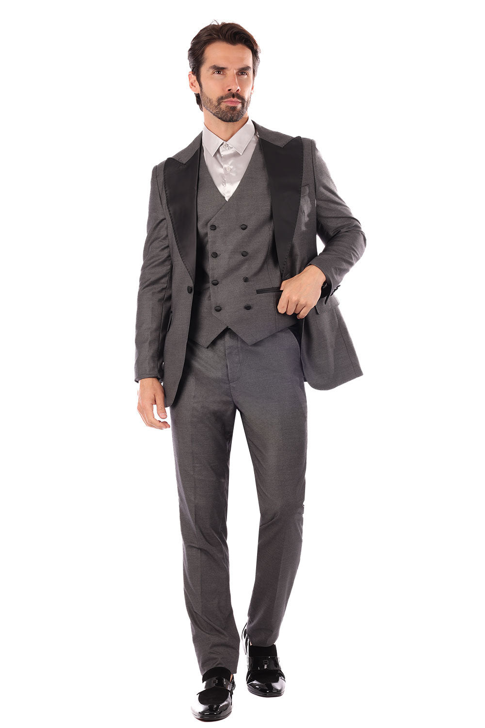 Barabas Men's Solid Color Peak Satin Lapel Suit Set 4SU13 Grey