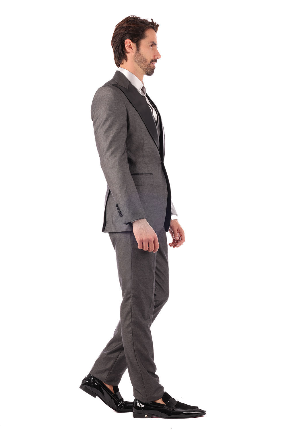 Barabas Men's Solid Color Peak Satin Lapel Suit Set 4SU13 Grey