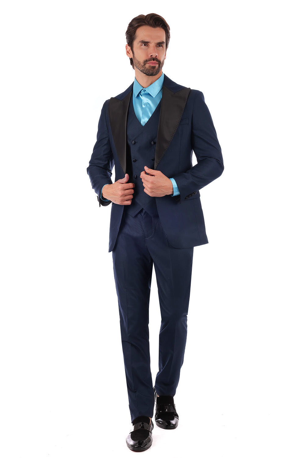 Barabas Men's Solid Color Peak Satin Lapel Suit Set 4SU13 Navy