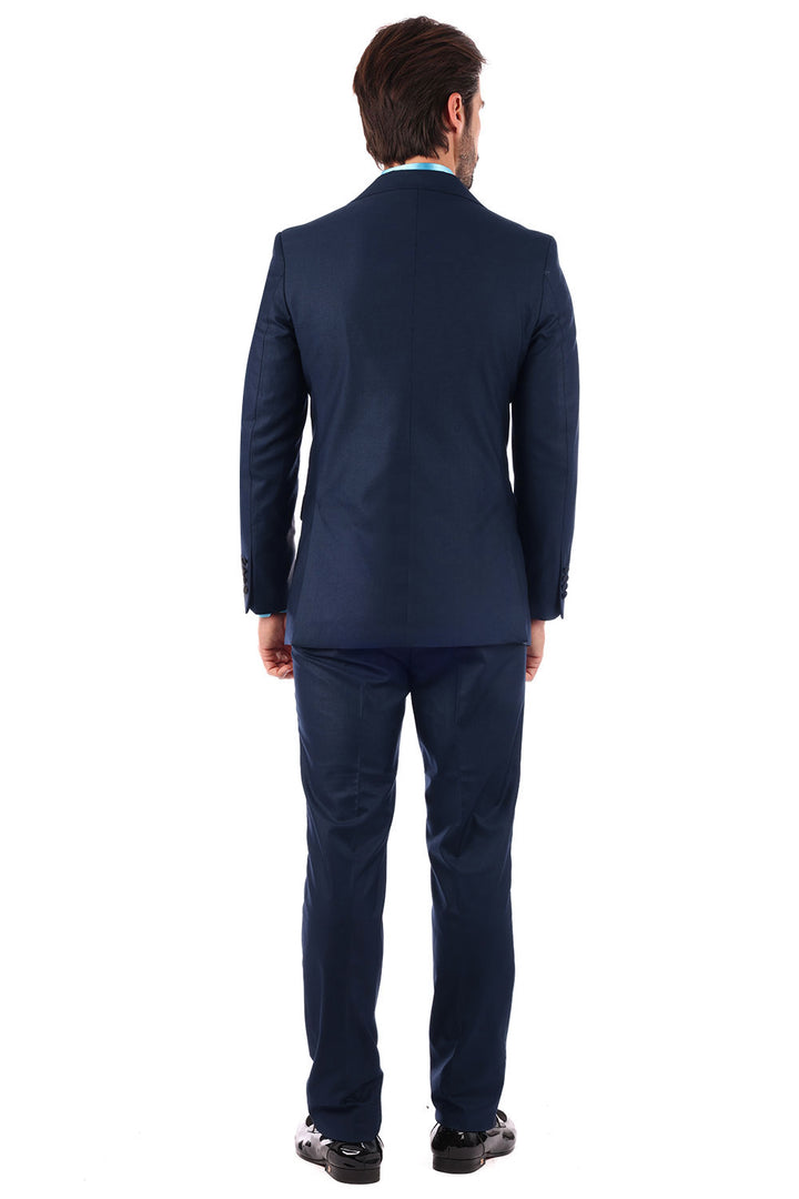 Barabas Men's Solid Color Peak Satin Lapel Suit Set 4SU13 Navy