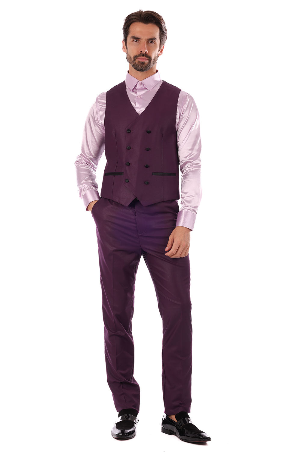 Barabas Men's Solid Color Peak Satin Lapel Suit Set 4SU13 Purple